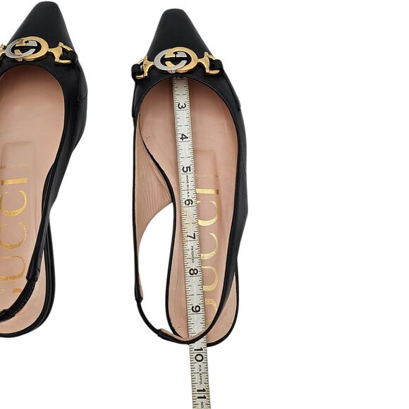 Gucci GG Horsebit Zumi Slingback Flat Black Leather Gold Silver Size 37 US 7 - Picture 12 of 12